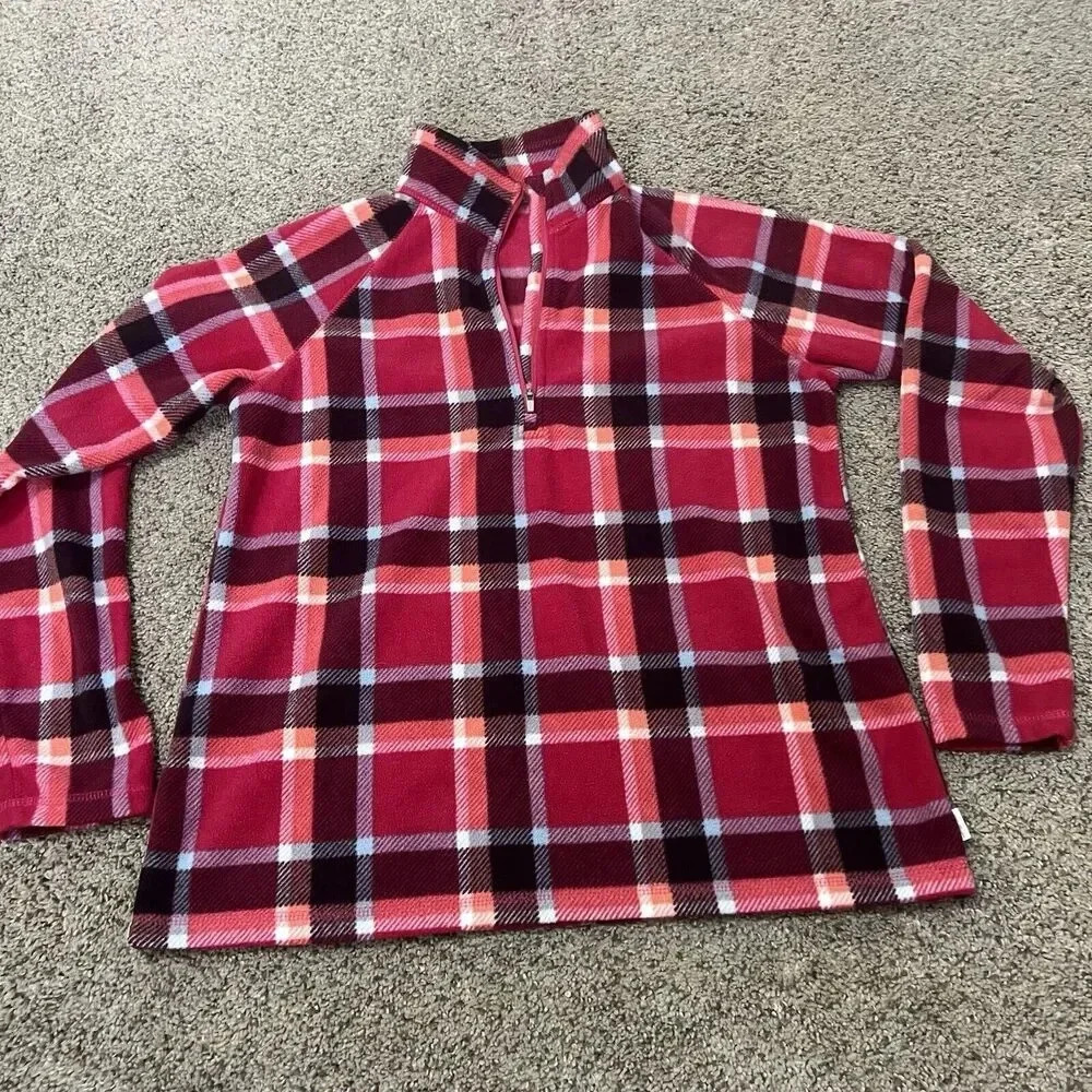 Eddie Bauer Pullover Womens Large Blue Red Plaid‎ 1/4 Zip Sherpa Aztec Soft